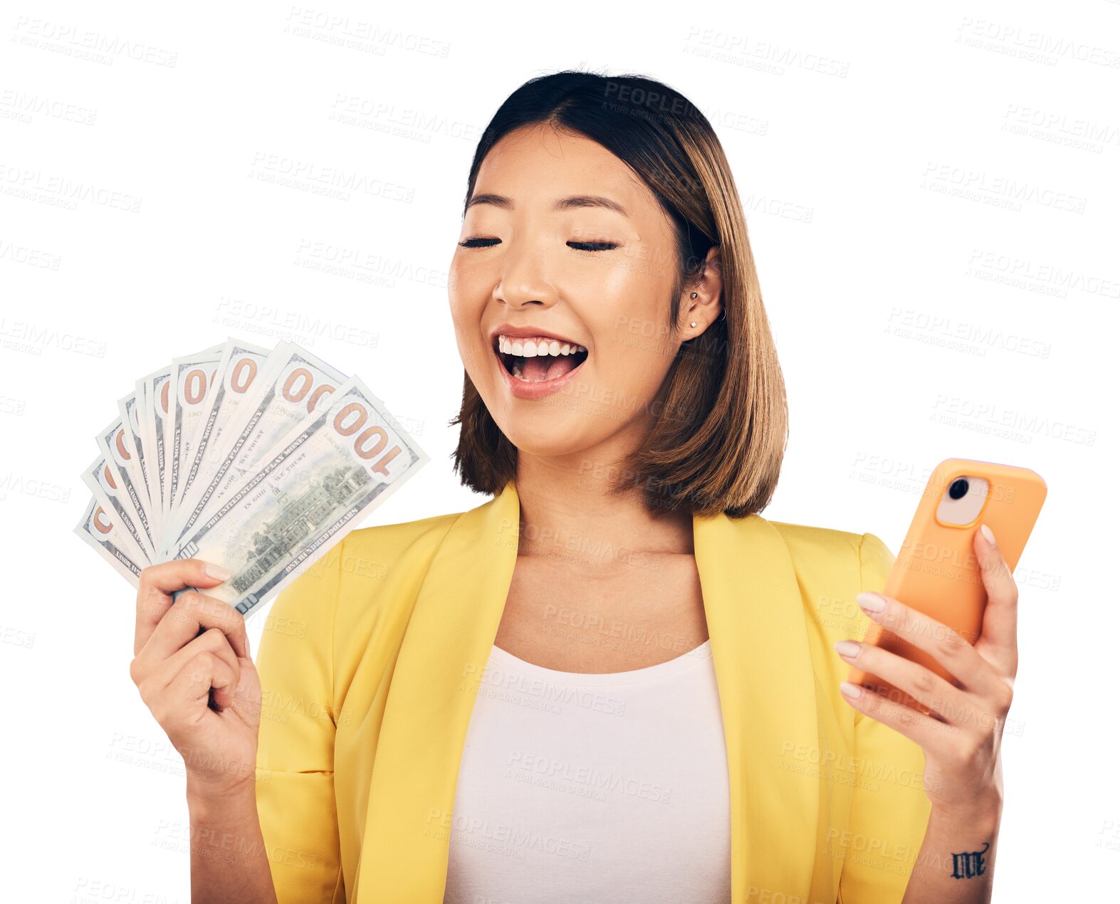 Buy stock photo Phone, winner and happy woman with money, investment or success on isolated, transparent or png background. Cash, prize and excited Japanese lady winner with smartphone app for poker, bingo or casino