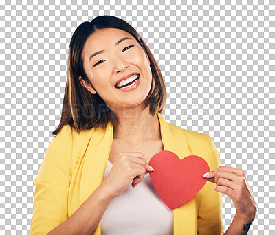 Buy stock photo Excited, paper heart and portrait of Asian woman with care, valentines day or support for emotion. Smile, happy and young Japanese female model with love sign isolated by transparent png background.