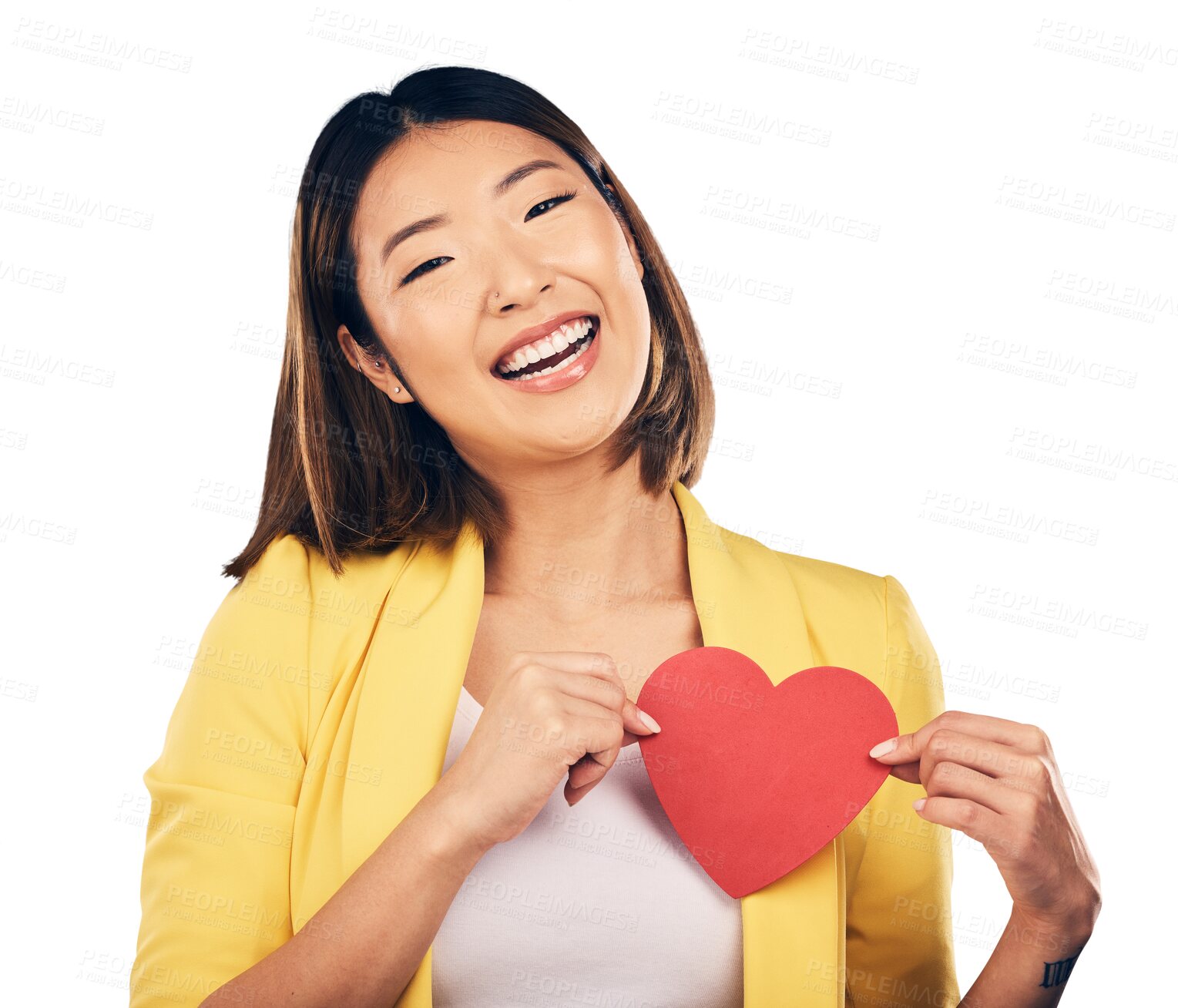 Buy stock photo Excited, paper heart and portrait of Asian woman with care, valentines day or support for emotion. Smile, happy and young Japanese female model with love sign isolated by transparent png background.