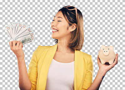 Buy stock photo Happy woman, piggy bank and money for student savings, finance investment or profit and budget success. Young Asian person with banking notes, cash and safe isolated on a transparent, png background