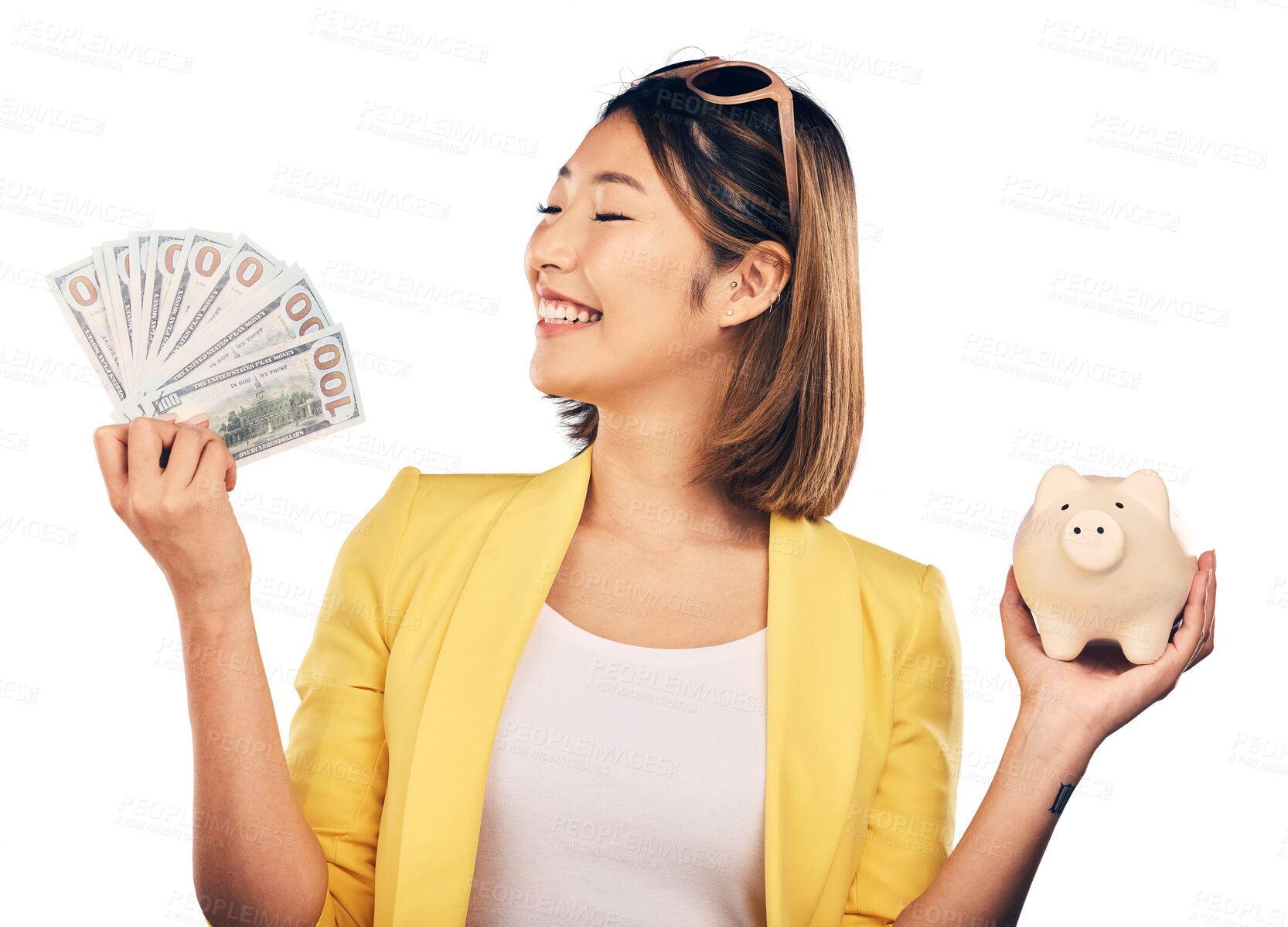 Buy stock photo Happy woman, piggy bank and money for student savings, finance investment or profit and budget success. Young Asian person with banking notes, cash and safe isolated on a transparent, png background