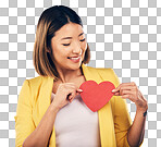 Asian girl, support and paper heart for care with smile in studi