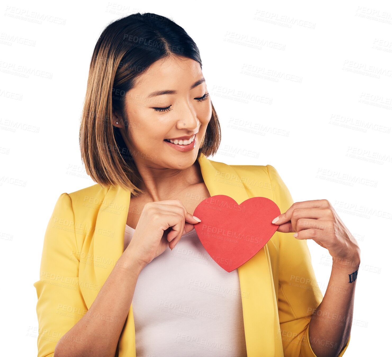 Buy stock photo Smile, paper heart and portrait of Asian woman with care, valentines day or support for emotion. Happy, kindness and young Japanese female model with love sign isolated by transparent png background.