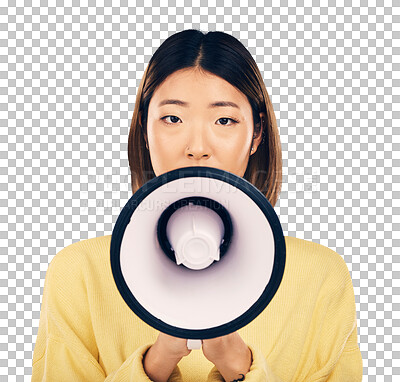 Buy stock photo Discount, portrait or Asian woman talking on megaphone isolated on transparent png background. Face, speaker or girl with speaking on mic for a fashion announcement, breaking news or communication 