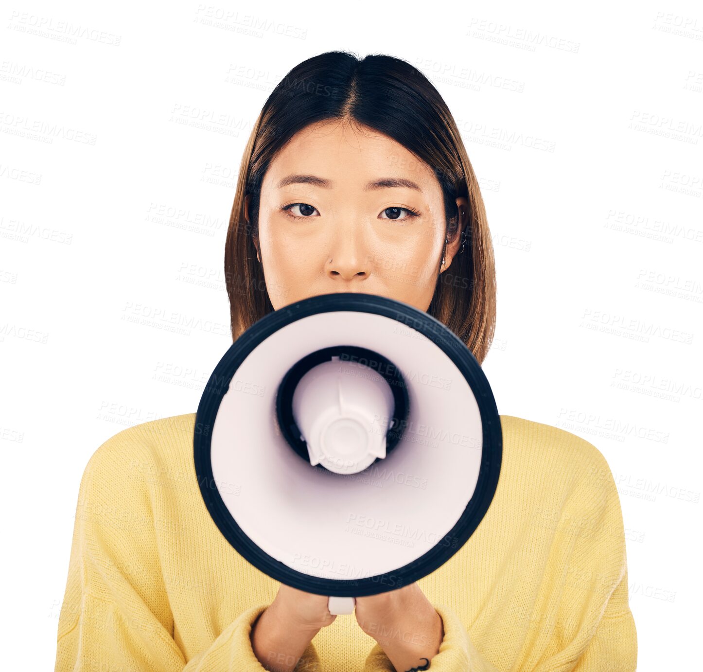 Buy stock photo Discount, portrait or Asian woman talking on megaphone isolated on transparent png background. Face, speaker or girl with speaking on mic for a fashion announcement, breaking news or communication 