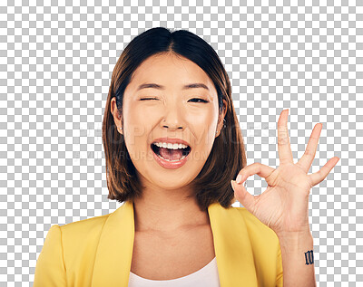 Portrait, smile and Asian woman with ok sign, wink and emoji aga