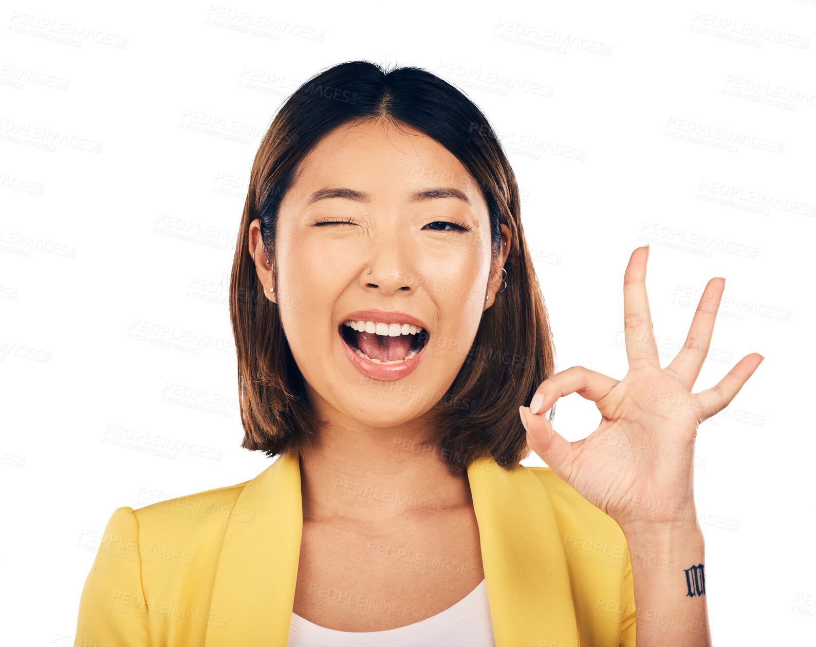 Buy stock photo Isolated woman, ok sign and wink in portrait with smile, icon and good service review by transparent png background. Japanese entrepreneur, model and emoji for vote, feedback or opinion for approval