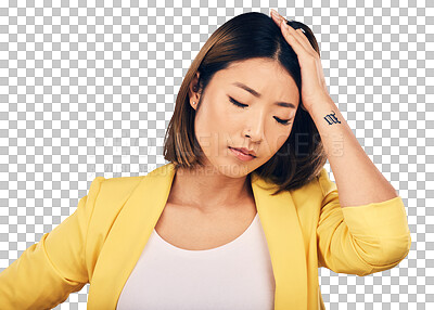 Buy stock photo Anxiety, thinking and businesswoman with stress in crisis, accident or mistake for fail professional career. Frustrated, mental health and Asian female lawyer isolated by transparent png background.