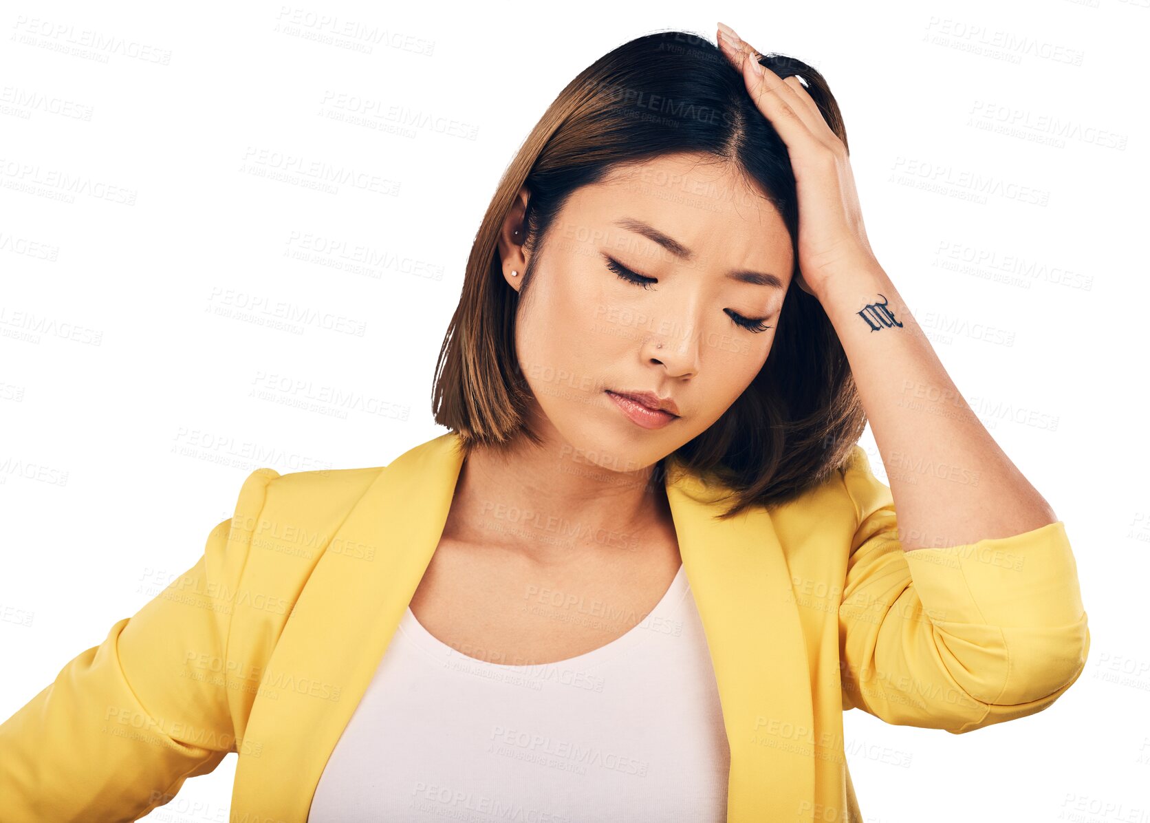 Buy stock photo Anxiety, thinking and businesswoman with stress in crisis, accident or mistake for fail professional career. Frustrated, mental health and Asian female lawyer isolated by transparent png background.