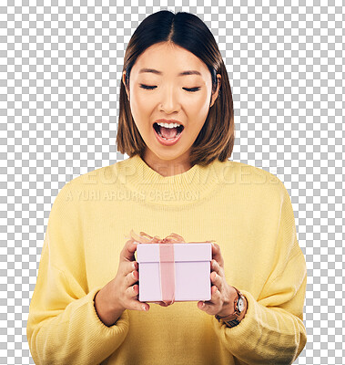 Buy stock photo Wow, gift and woman surprised by deal, box or happy birthday gesture on isolated, transparent and png background. Surprise, present and excited Japanese female model with event celebration package 