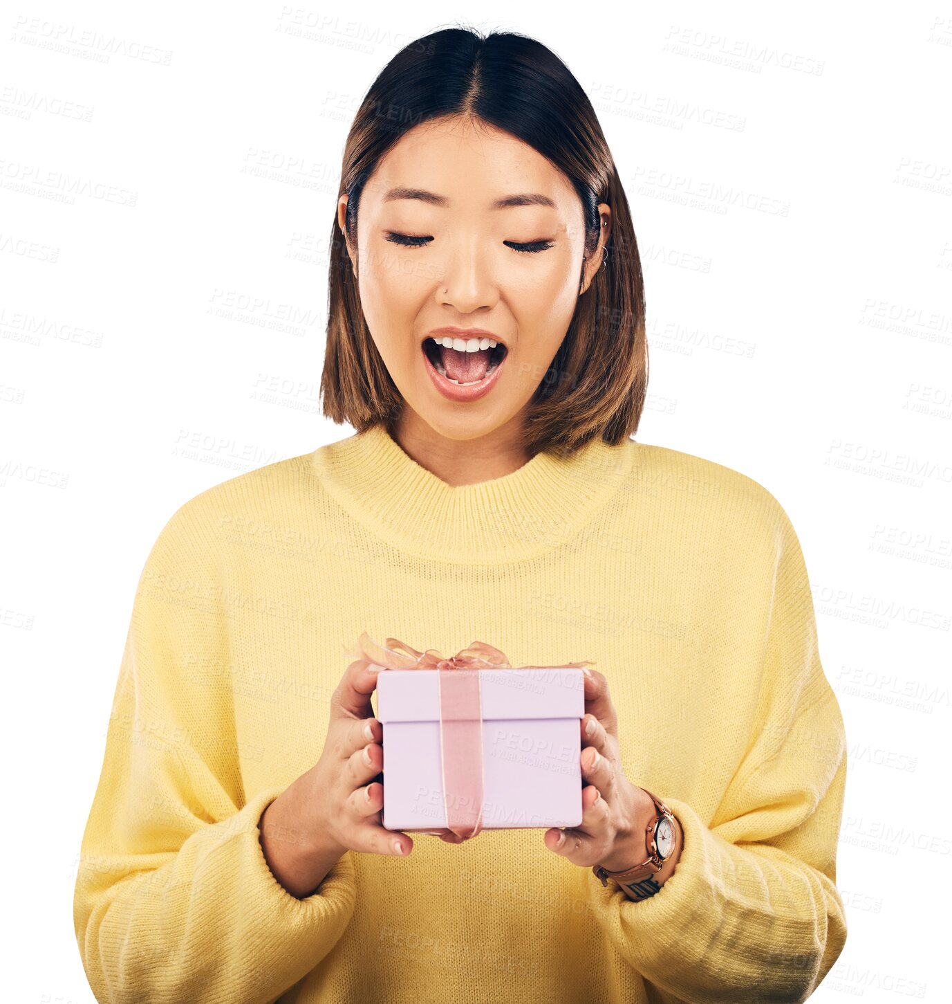 Buy stock photo Wow, gift and woman surprised by deal, box or happy birthday gesture on isolated, transparent and png background. Surprise, present and excited Japanese female model with event celebration package 