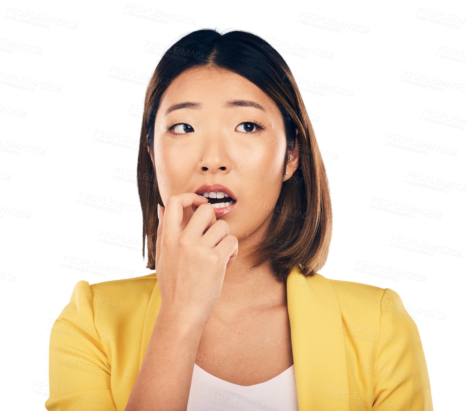 Buy stock photo Anxiety, scared and Asian woman biting her nails with stress in crisis, accident or mistake for fail. Frustrated, mental health and young Japanese female model isolated by transparent png background.