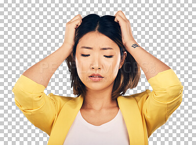 Buy stock photo Stress, mental health and woman with headache, pain with anxiety and overwhelmed isolated on png transparent background. Psychology, burnout and fatigue with brain fog, breakdown for mistake or fail