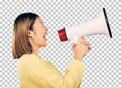 Buy stock photo Woman is shouting with megaphone, protest and fight in politics with human rights isolated on png transparent background. Communication, equality and political movement, empowerment and activism 