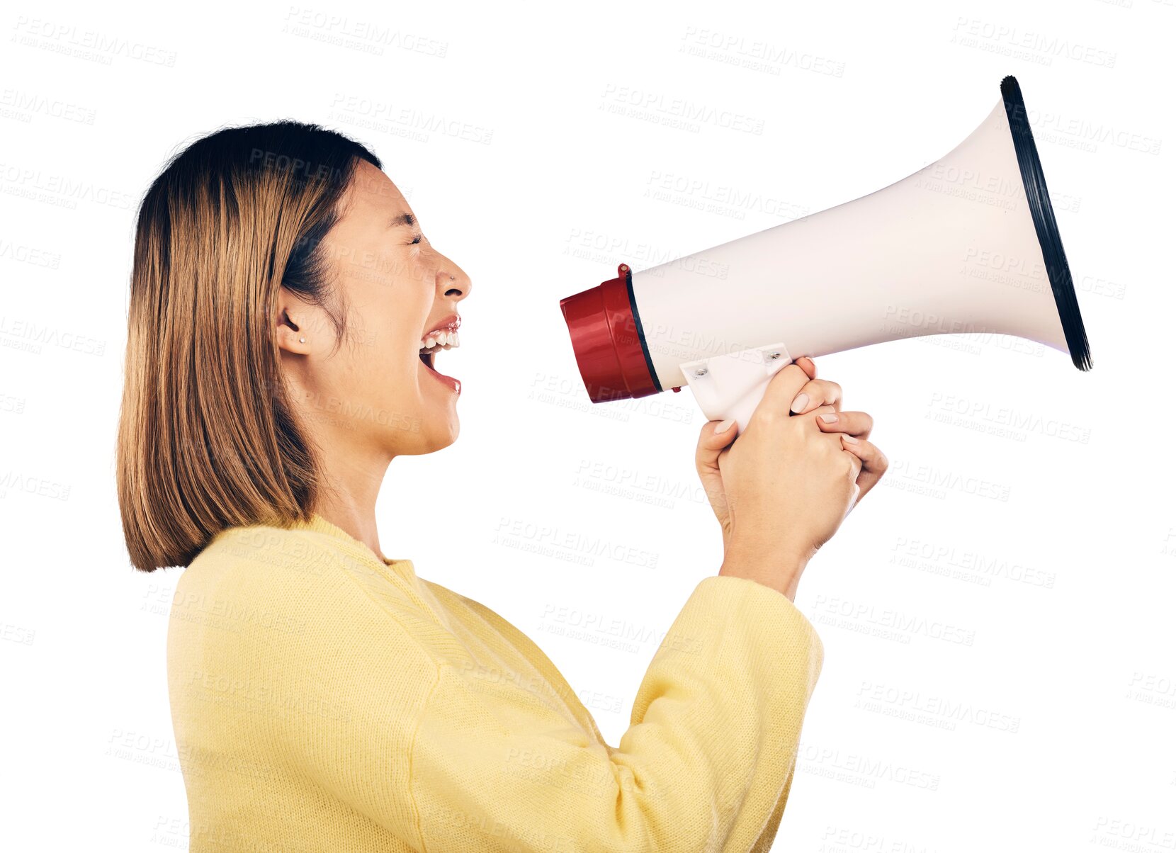 Buy stock photo Woman is shouting with megaphone, protest and fight in politics with human rights isolated on png transparent background. Communication, equality and political movement, empowerment and activism 