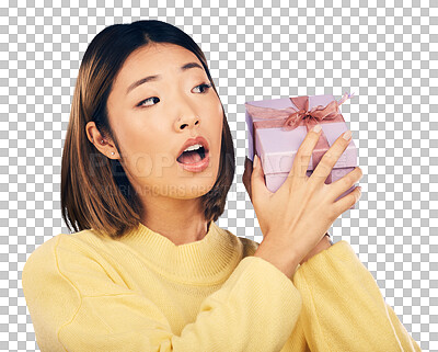 Surprise, gift and box with face of asian woman in studio for bi