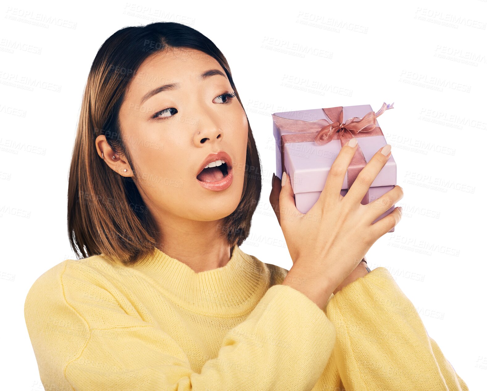 Buy stock photo Gift, wow and curious woman with box, deal, happy birthday gesture on isolated, transparent or png background. Surprise, present and face of Japanese lady model with event celebration package 