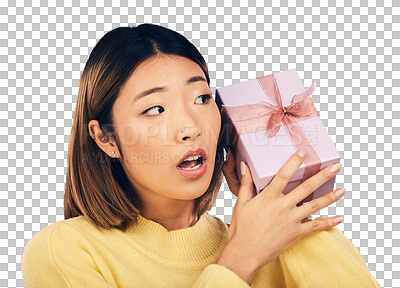 Thinking, gift and box with face of asian woman in studio for bi