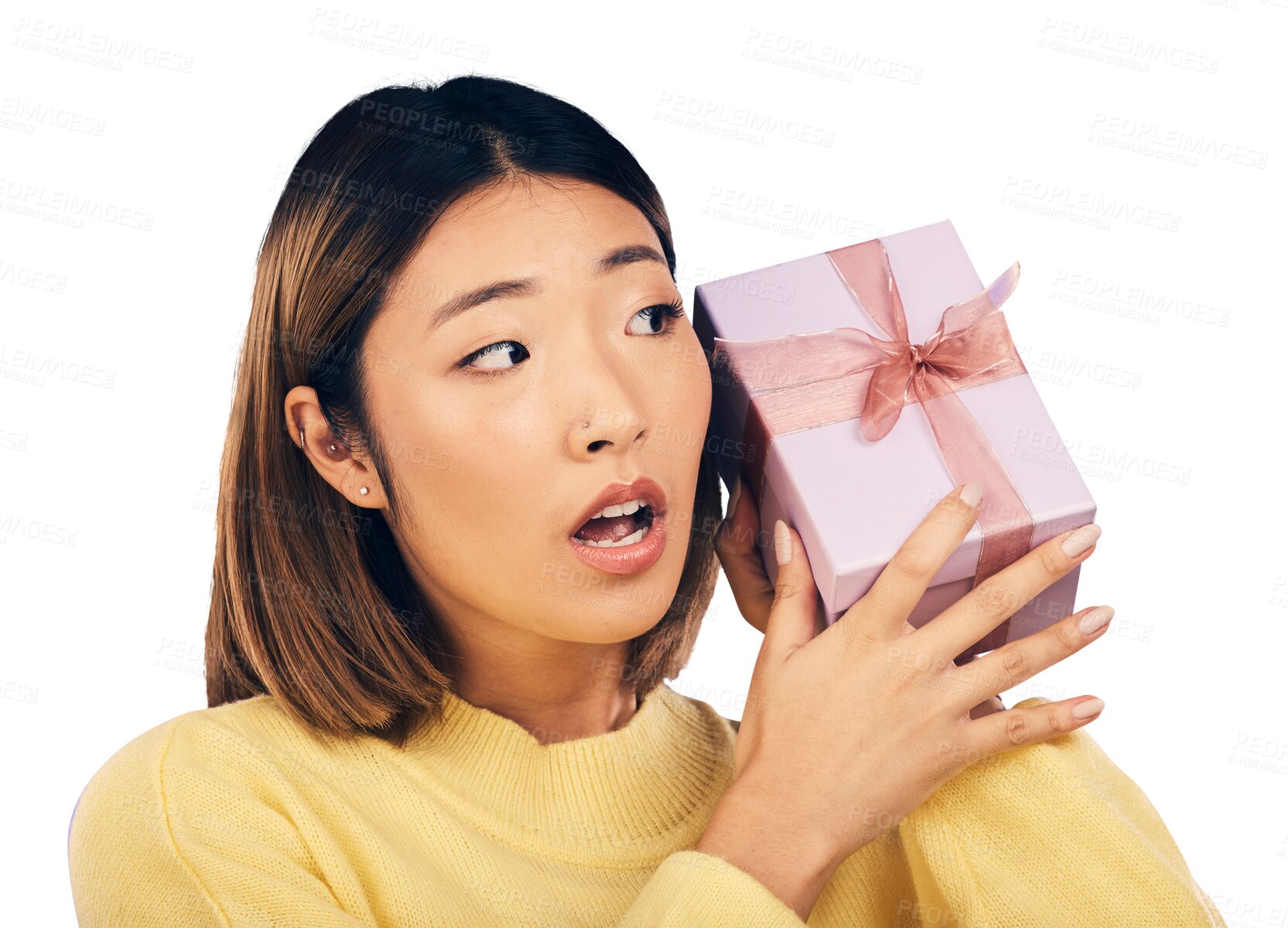 Buy stock photo Gift, curious and woman with wow box, deal, box or happy birthday gesture on isolated, transparent or png background. Surprise, present and face of Japanese lady model with event celebration package 