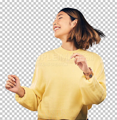 Buy stock photo Dance, smile and young Asian woman with music, playlist or radio for entertainment or fun. Happy, moving and Japanese female model listening to song or album isolated by transparent png background.