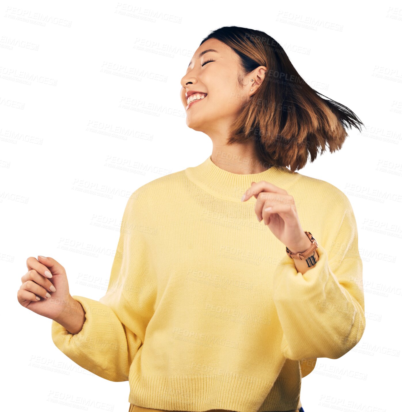 Buy stock photo Dance, smile and young Asian woman with music, playlist or radio for entertainment or fun. Happy, moving and Japanese female model listening to song or album isolated by transparent png background.