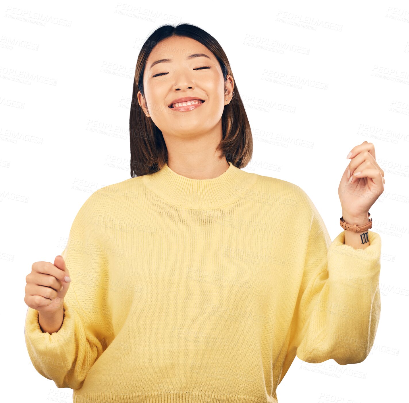 Buy stock photo Dancing, smile and young Asian woman with music, playlist or album for entertainment or fun. Happy, moving and Japanese female model listening to song or radio isolated by transparent png background.