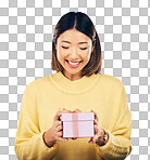 Happy, smile and woman with a gift box in a studio for a birthda