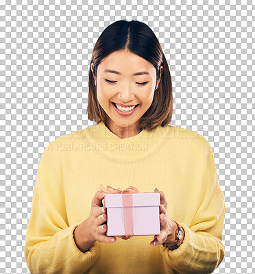 Buy stock photo Woman, gift box and smile for surprise on birthday, special event with prize isolated on png transparent background. Celebration, present for holiday or giveaway, winner with reward and happiness