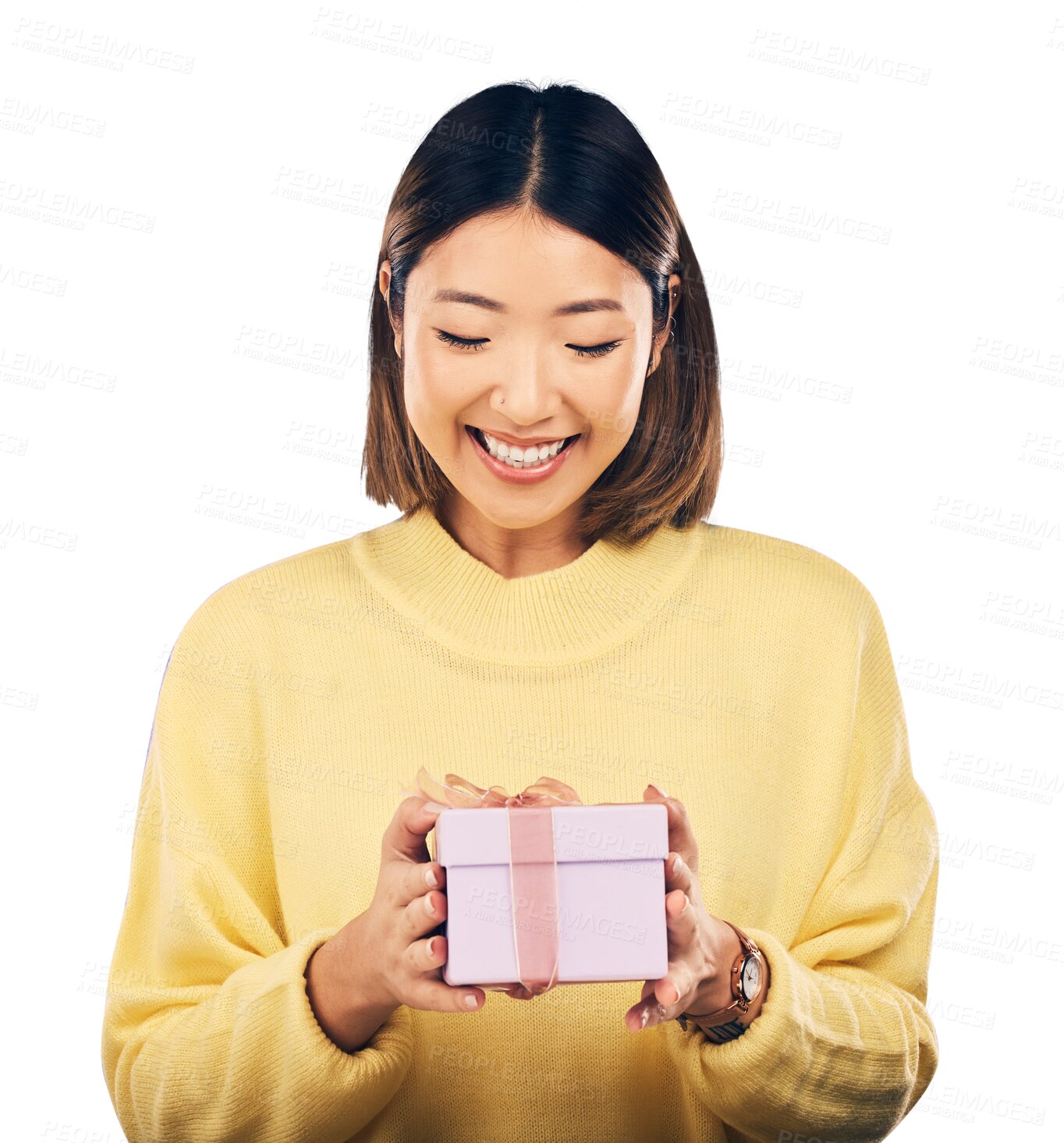 Buy stock photo Woman, gift box and smile for surprise on birthday, special event with prize isolated on png transparent background. Celebration, present for holiday or giveaway, winner with reward and happiness