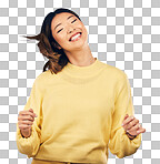 Happy asian woman, dancing and enjoying music, freedom or casual