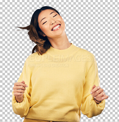 Buy stock photo Excited, dancing and young Asian woman with song, playlist or album for entertainment or fun. Happy, smile and Japanese female model moving and listen to radio isolated by transparent png background.