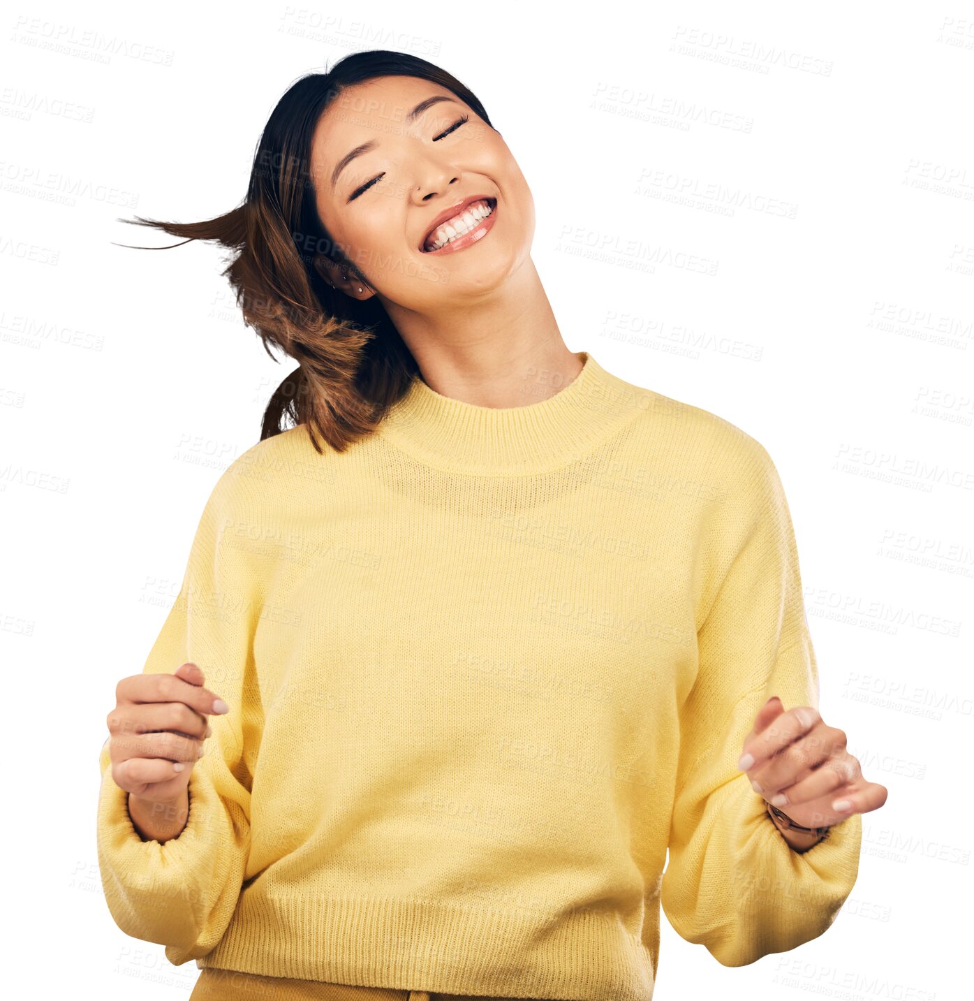 Buy stock photo Excited, dancing and young Asian woman with song, playlist or album for entertainment or fun. Happy, smile and Japanese female model moving and listen to radio isolated by transparent png background.