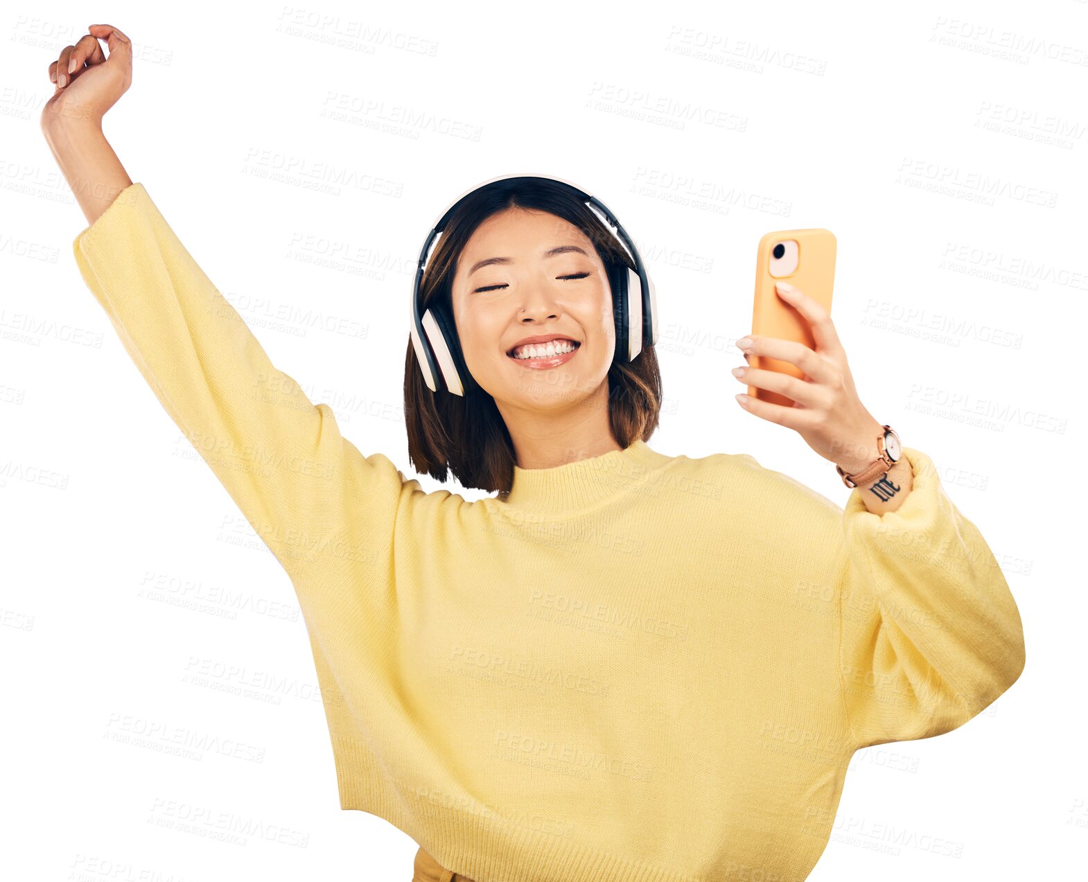 Buy stock photo Smartphone, headphones and woman dance to music, audio streaming and energy isolated on png transparent background. Happy, sound and mobile app, listening to radio with connectivity, fun and freedom