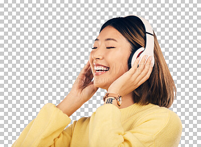 Happy asian woman, headphones and listening to music for online