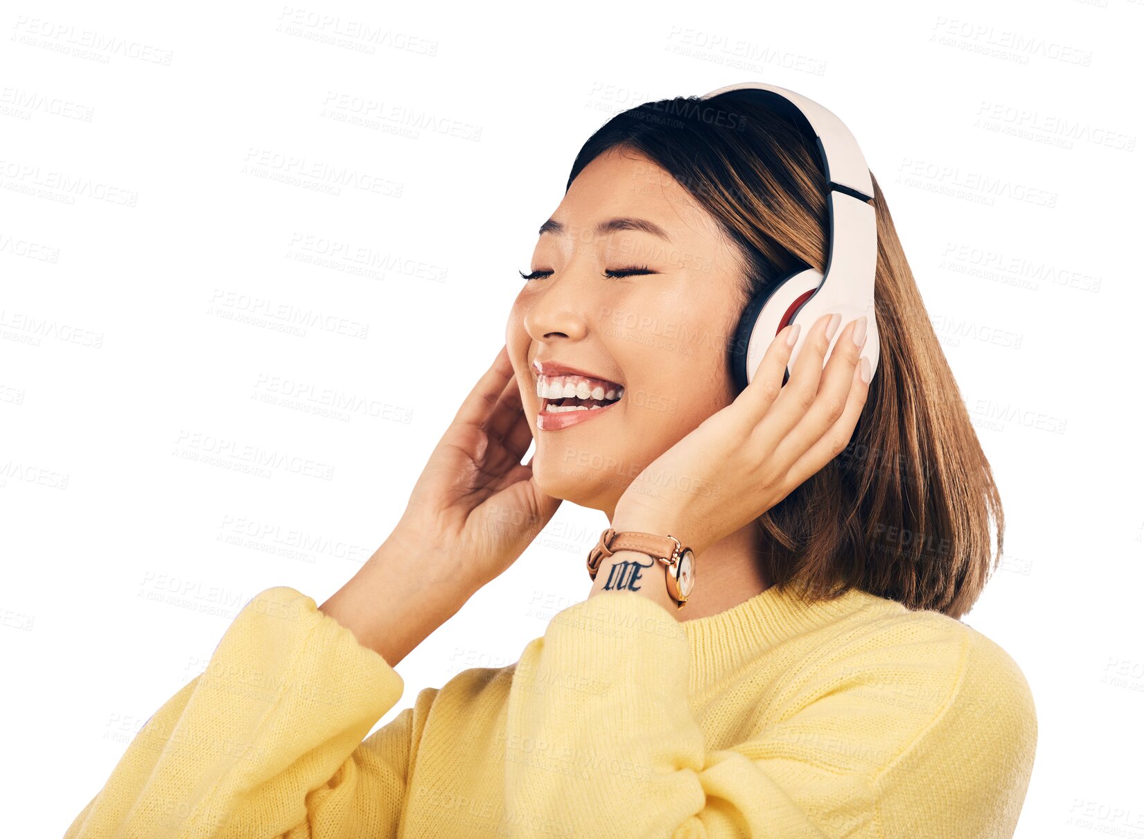 Buy stock photo Headphones, music or excited Asian woman on streaming subscription for radio or podcast. Smile, peace or happy person listening to audio, song or sound track isolated on transparent PNG background