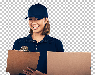 Woman sign paperwork, clipboard and delivery with box, shipping