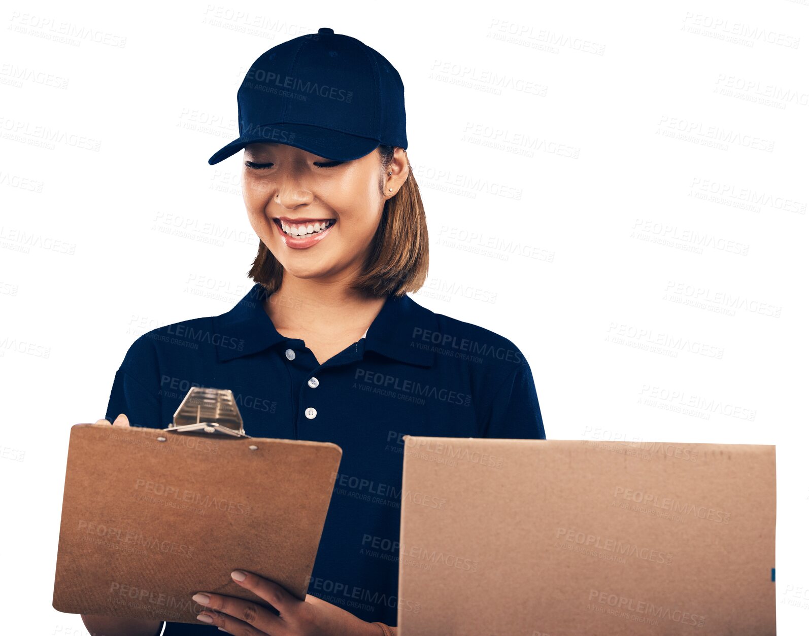 Buy stock photo Happy woman, box and delivery with clipboard for signature or checklist isolated on a transparent PNG background. Female person smile or writing in supply chain, package inspection or courier service