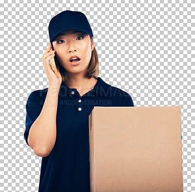 Asian woman, phone call and box for delivery, courier service or