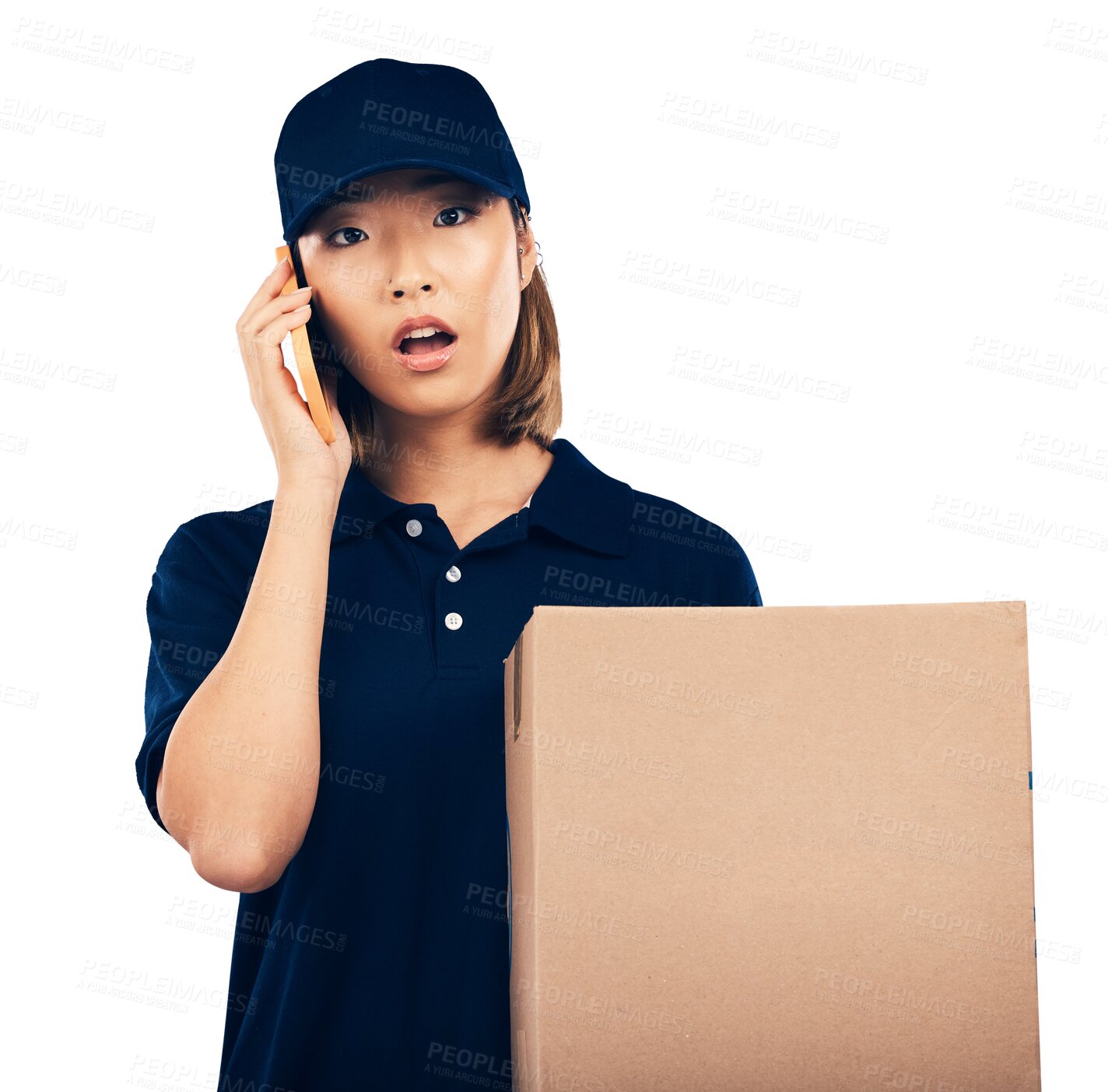 Buy stock photo Wow, phone call and portrait of woman with box, delivery or logistics on isolated, transparent or png background. Business, cargo and face of lady courier on smartphone, app or ecommerce package news