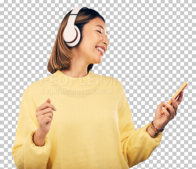 Buy stock photo Music, phone or happy Asian woman listening to podcast isolated on transparent PNG background. Smile, headphones or gen z person streaming a fun radio song, sound or audio on online subscription