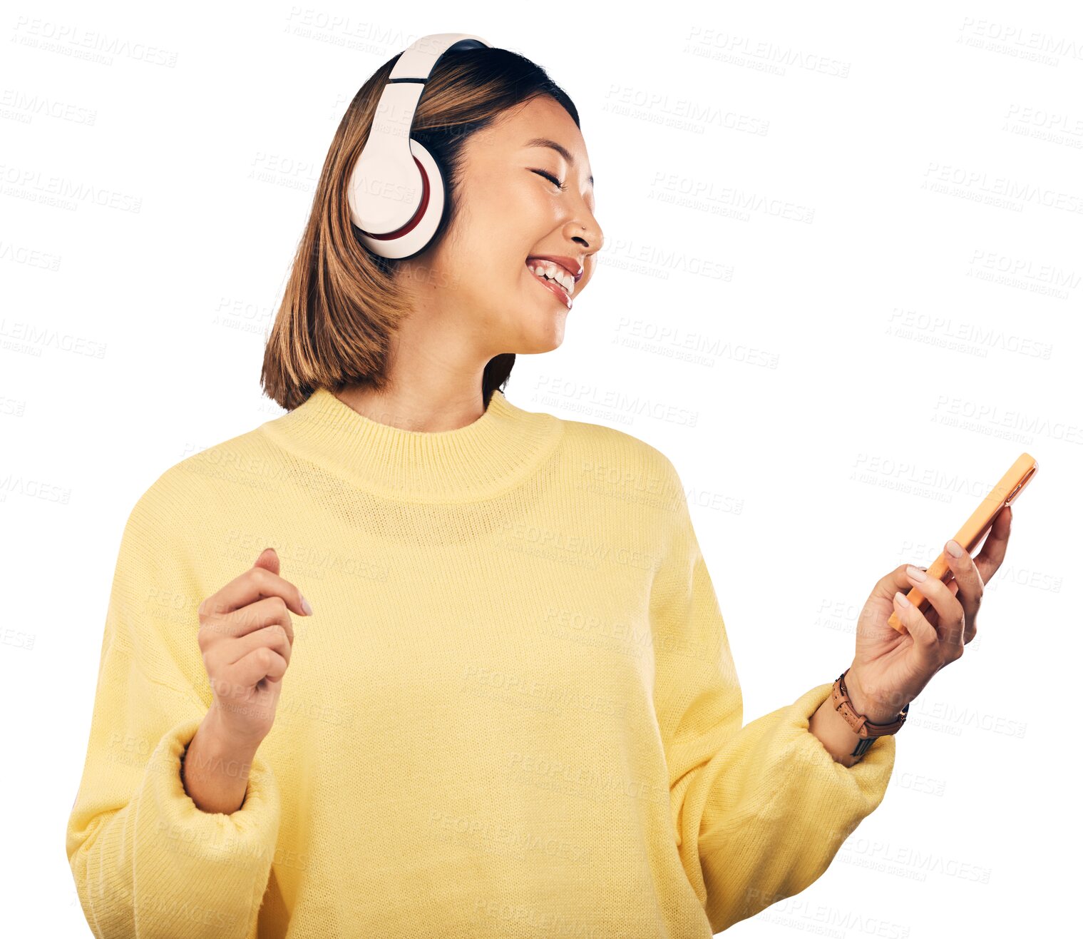 Buy stock photo Music, phone or happy Asian woman listening to podcast isolated on transparent PNG background. Smile, headphones or gen z person streaming a fun radio song, sound or audio on online subscription