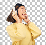 Headphones, dance and happy Asian woman with music in studio for