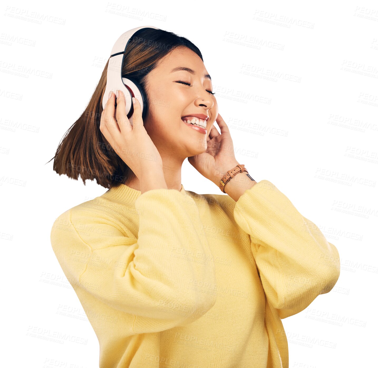 Buy stock photo Headphones, music or happy Asian woman on streaming subscription for radio or podcast. Smile, dance or gen z person listening to audio, song or sound track isolated on transparent PNG background