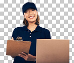 Woman sign document, clipboard and delivery box, shipping invoic