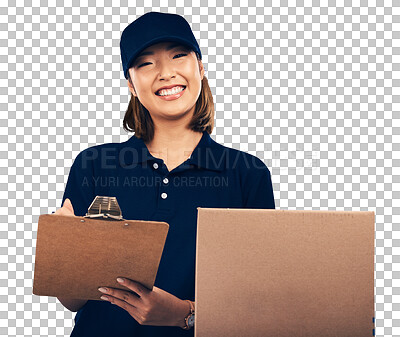 Woman sign document, clipboard and delivery box, shipping invoic