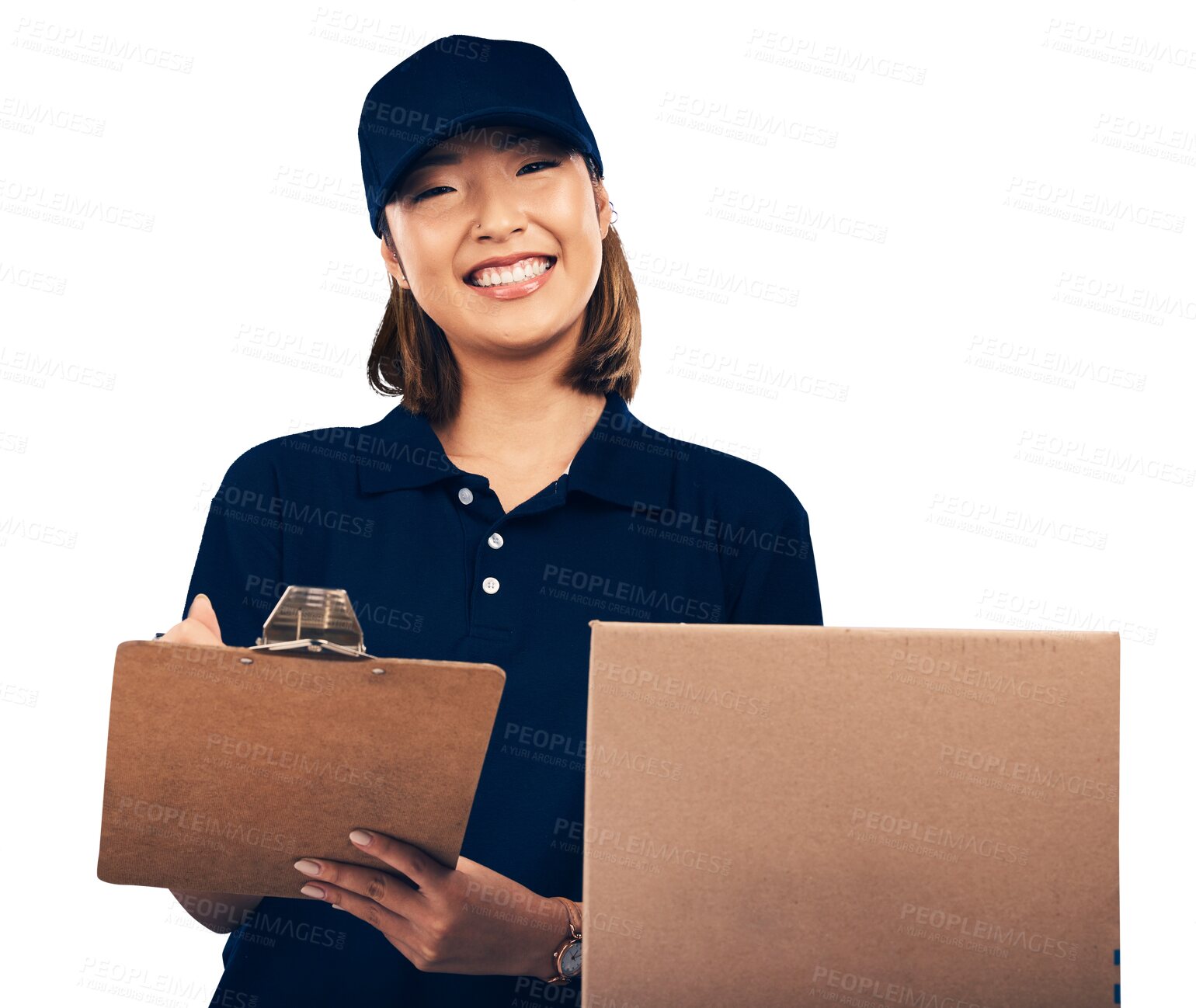 Buy stock photo Woman, clipboard and signature with box for delivery, portrait and distribution isolated on png transparent background. Supplier, ecommerce with invoice paperwork, package and courier for shipping