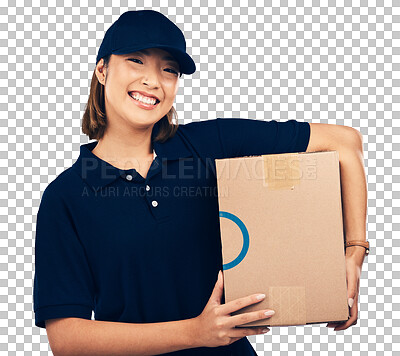 Delivery, box and woman, shipping and portrait, smile with e com