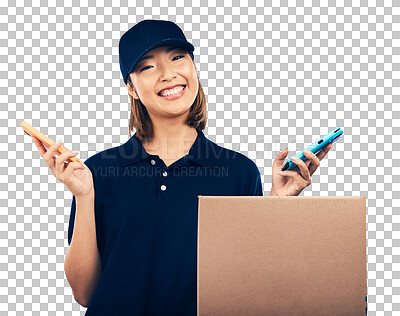 Courier, box and phone in studio portrait with smile, communicat