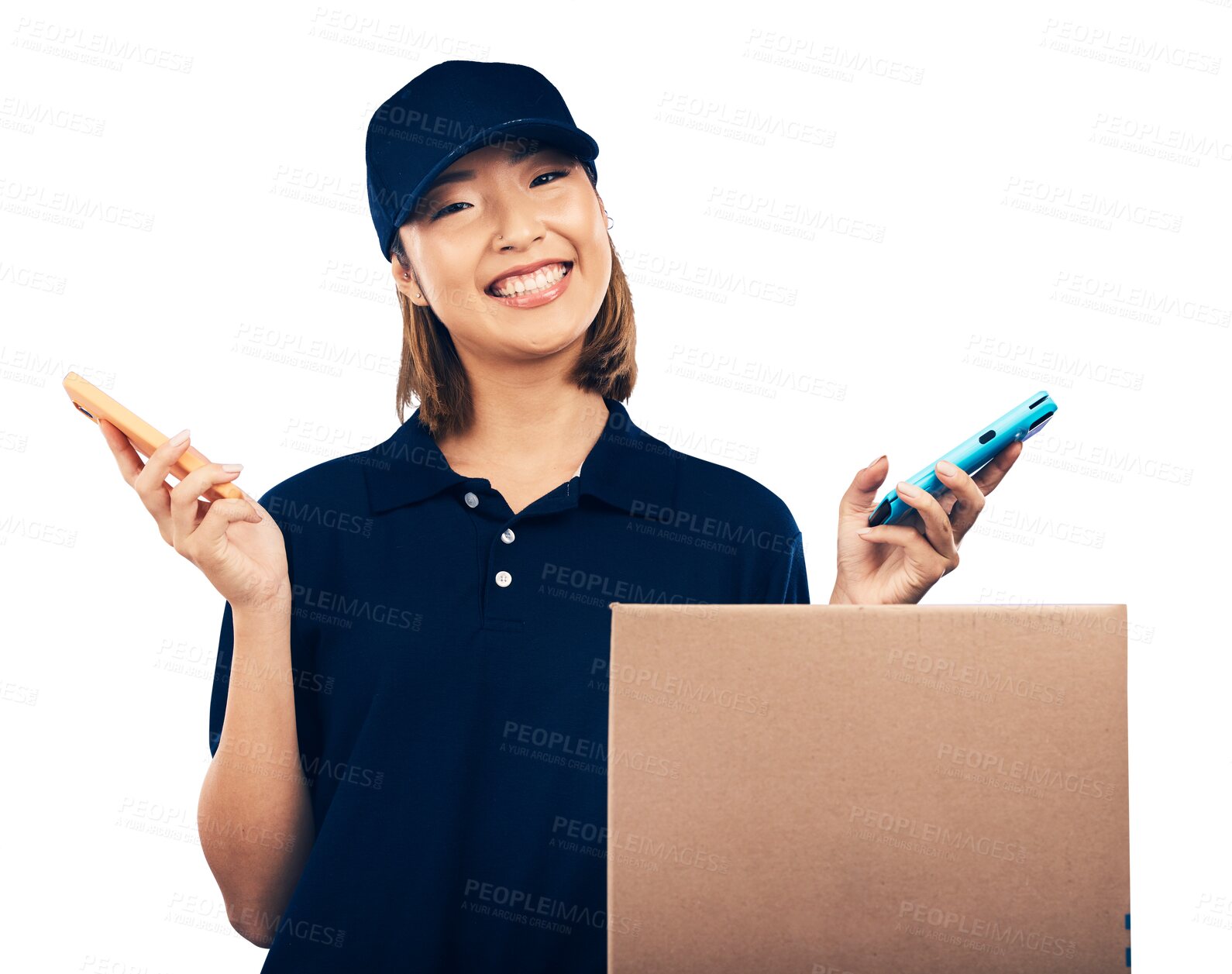 Buy stock photo Courier, woman with box and portrait, smartphone and payment machine for delivery isolated on png transparent background. Digital signature, POS and e commerce, package and Asian distribution company