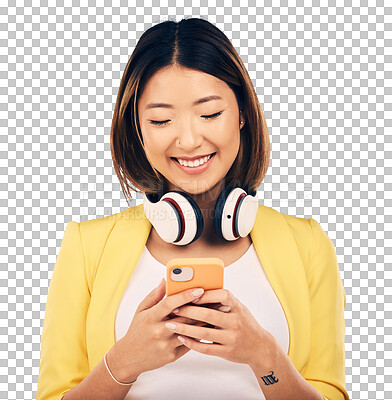 Buy stock photo Phone, networking and young Asian woman typing a message on internet or mobile app. Happy, smile and Japanese female model scroll on social media with cellphone isolated by transparent png background